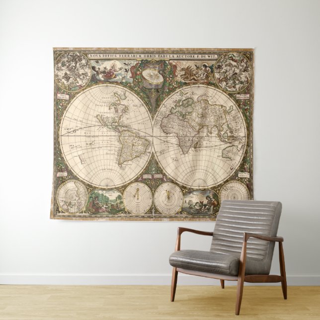Vintage Weltkarte (1660) Wandteppich (Beispiel (Horizontal))