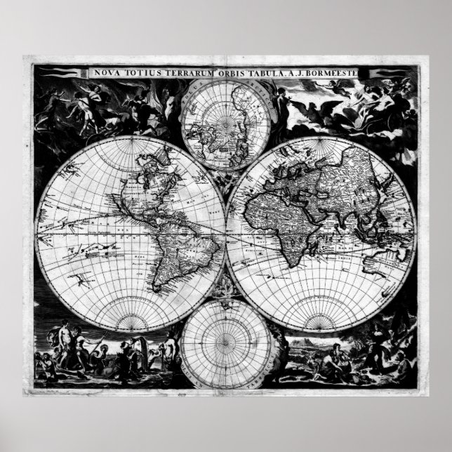 Vintage Weltkarte (1685) Schwarz/Weiß Poster (Vorne)