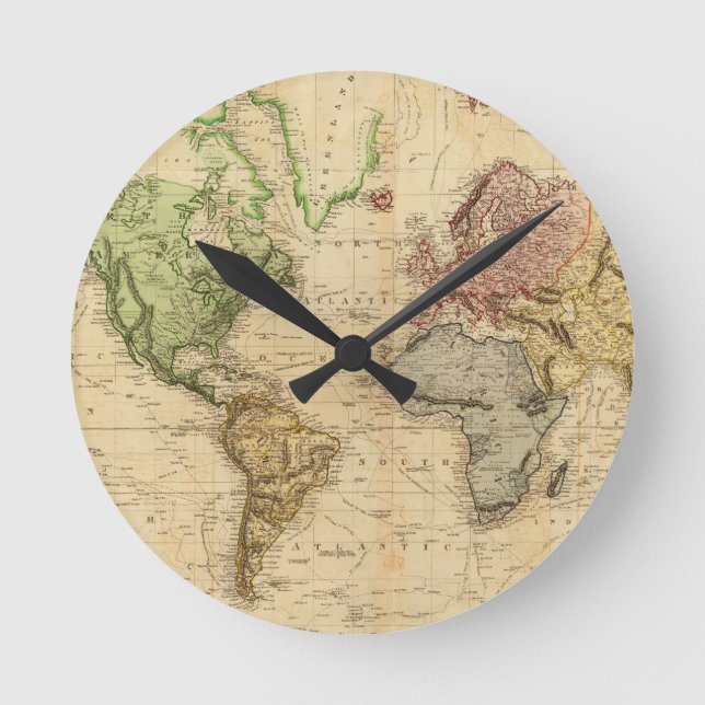 Vintage Weltkarte (1831) Runde Wanduhr (Vorderseite)