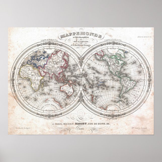 Vintage Weltkarte (1848) Poster (Vorne)