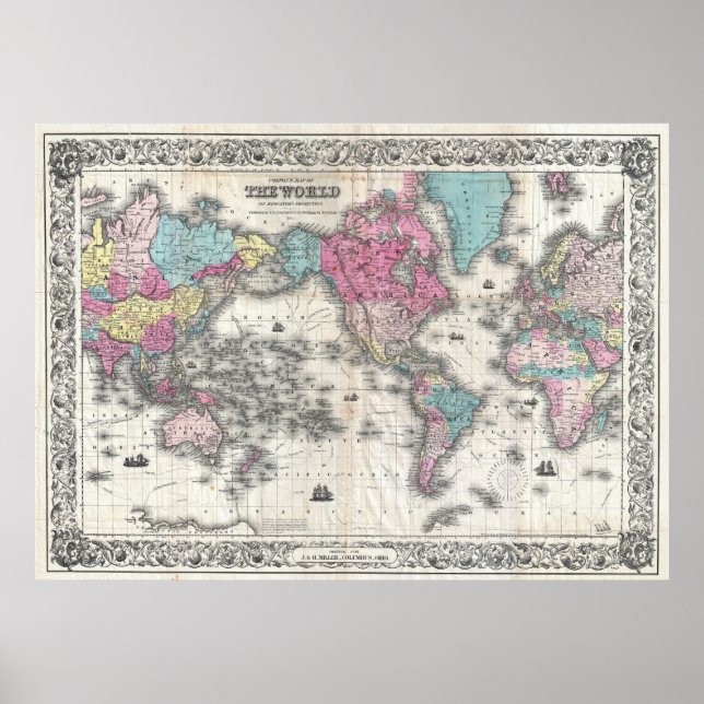 Vintage Weltkarte (1852) Poster (Vorne)