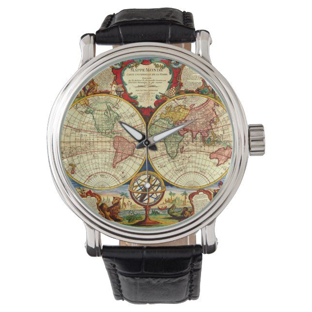 Vintage Weltkarte Antiquitätenreise mit dem Auto Armbanduhr (Vorderseite)