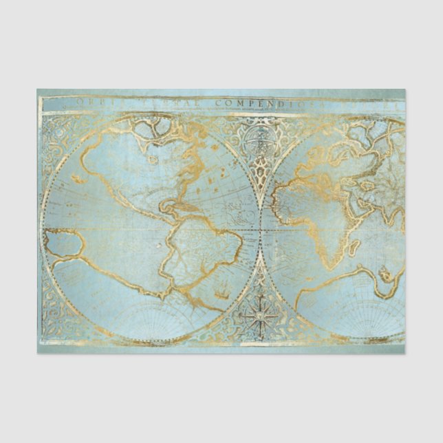 Vintage Weltkarte Gold Aqua Seidenpapier (Vorderseite)