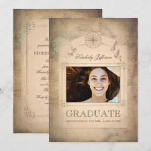 Vintage Weltkarte-Graduierungspartei Einladung