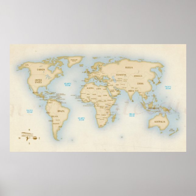 Vintage Weltkarte mit Ländern Poster (Vorne)