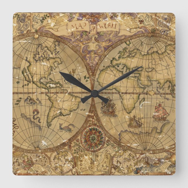 Vintage Weltkarte Quadratische Wanduhr (Vorderseite)