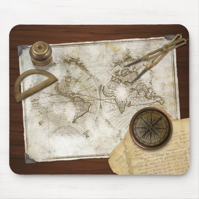 Vintage Weltkarte und -werkzeuge Mousepad (Vorne)
