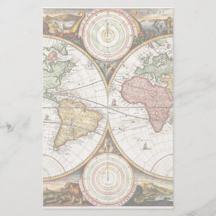 Vintage Weltkarte Zwei Hemisphären, selten antike Briefpapier