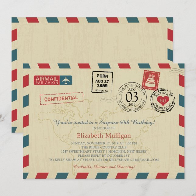 Vintage Weltreise Airmail Geburtstagsparty Einladung (Vorne/Hinten)