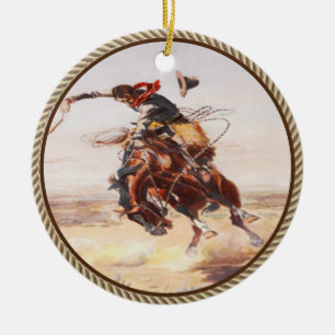 Vintage Western Cowboy Bronco-Reiter Keramik Ornament