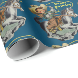 Vintage Western Cowboy Kind Pferd Seil Geburtstag Geschenkpapier