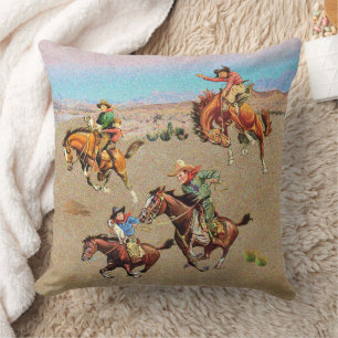 Vintage Western Cowboy Kinder auf Pferden Kissen