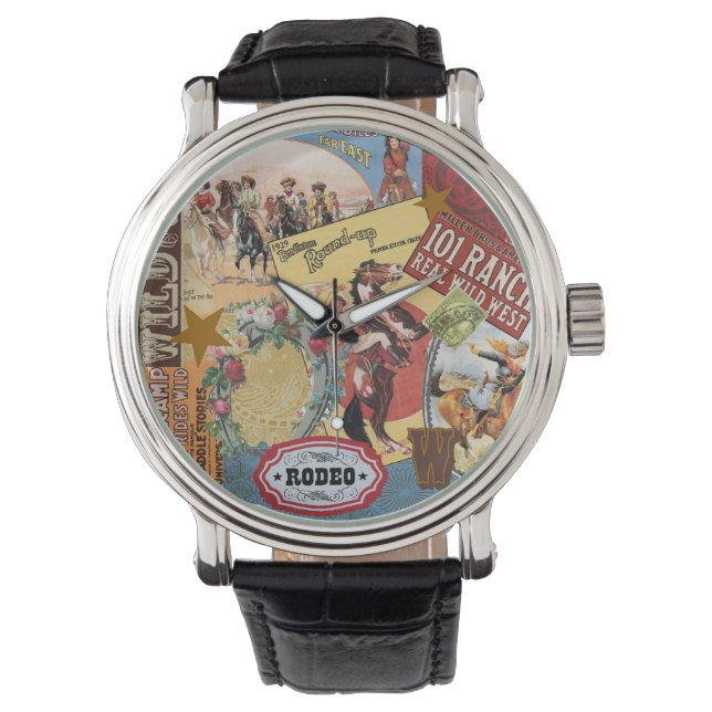 Vintage Western-Cowgirl-Collage-Uhr Armbanduhr (Vorderseite)