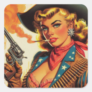 Vintage Western Cowgirl Pin-up Quadratischer Aufkleber