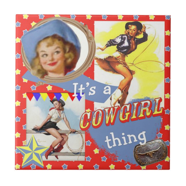 Vintage Western-Cowgirl-Sache Fliese (Vorderseite)