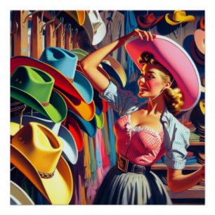 Vintage Western Retro Cowgirl beim Kauf von Hüten  Poster