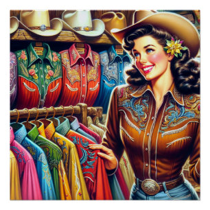 Vintage Western Retro Cowgirl-Shirt Einkaufen Poster