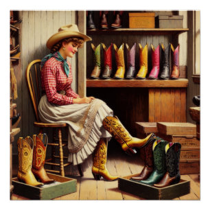 Vintage Western Retro Cowgirl Stiefel Einkaufen Poster