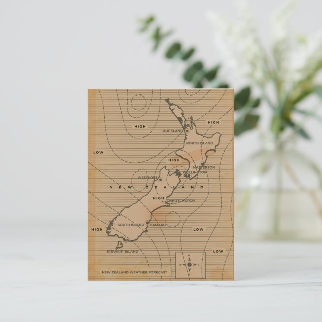Vintage Wetterkarte Neuseelands Postkarte (Stehend Vorderseite)