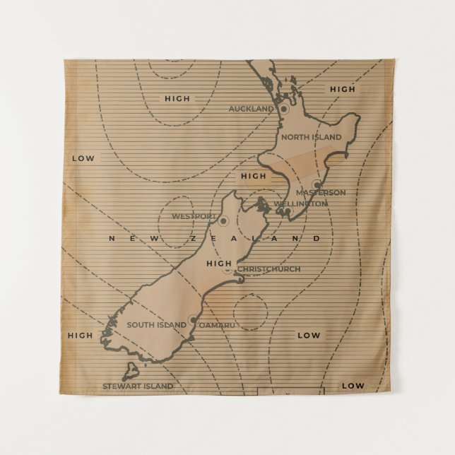 Vintage Wetterkarte Neuseelands Wandteppich (Vorderseite)