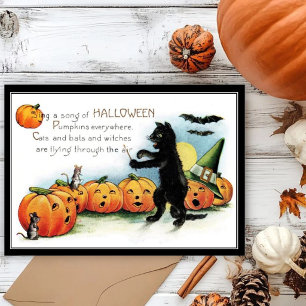 Vintage Whimsical Black Cat & Mice Halloween Karte