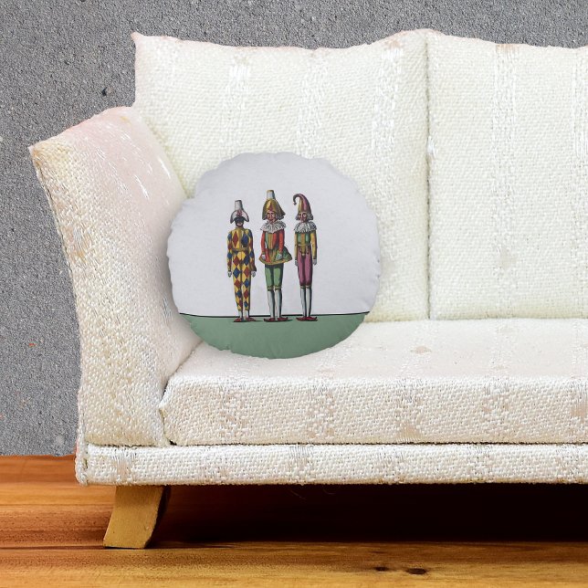 Vintage Whimsical Three Jester Dolls Rundes Kissen (Three jester dolls in colourful outfits hats on grey and green decorative pillow.)