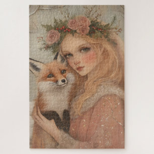Vintage Whimsical Weihnachtsszene Mädchen & Fuchs