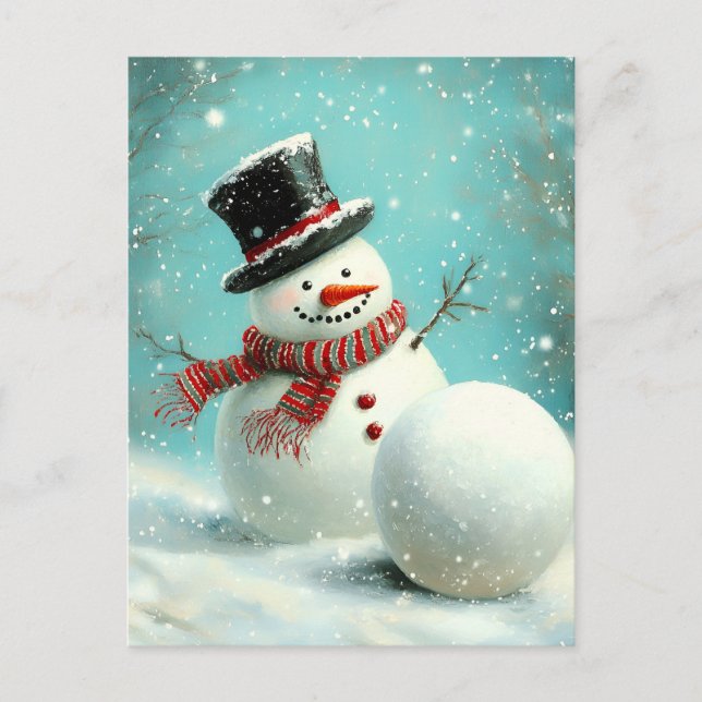 Vintage Whimsical Winter Snowman Joy Ankündigungspostkarte (Vorderseite)