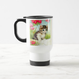 Vintage White and Brown Kitten with Flowers Reisebecher