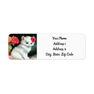 Vintage White Kitten Illustration mit roten Blume