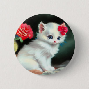 Vintage White Kitten Illustration mit roten Blume Button