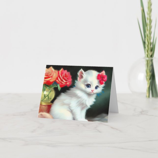 Vintage White Kitten Illustration mit roten Blume Einladung (Vorderseite)