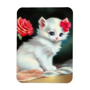 Vintage White Kitten Illustration mit roten Blume Magnet