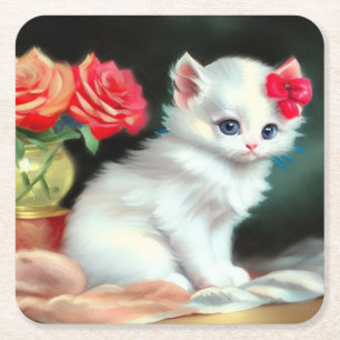 Vintage White Kitten Illustration mit roten Blume Rechteckiger Pappuntersetzer