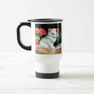 Vintage White Kitten Illustration mit roten Blume Reisebecher