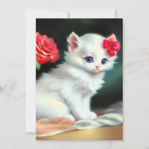 Vintage White Kitten Illustration mit roten Blume Save The Date