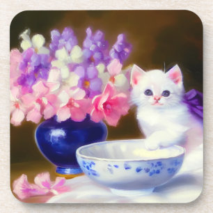 Vintage White Kitten mit Lila Band Getränkeuntersetzer