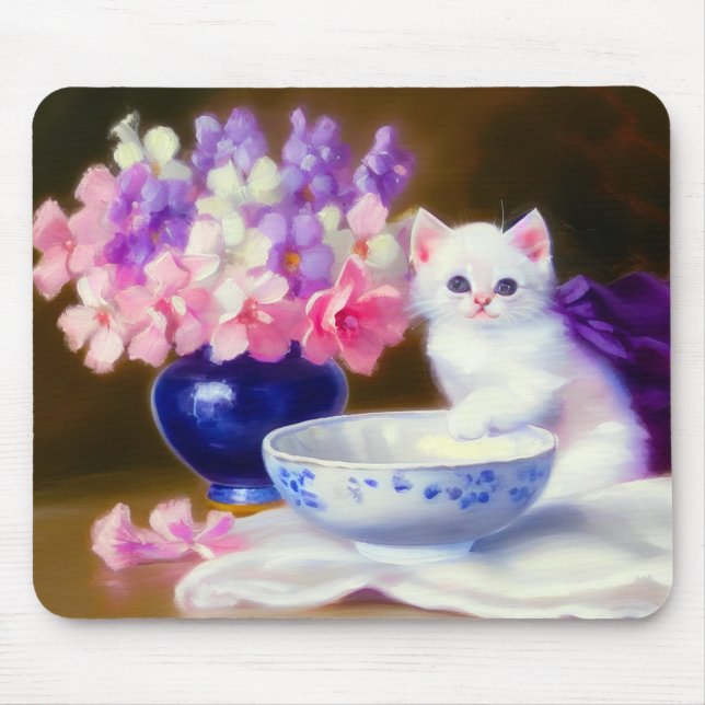 Vintage White Kitten mit Lila Band Mousepad (Vorne)