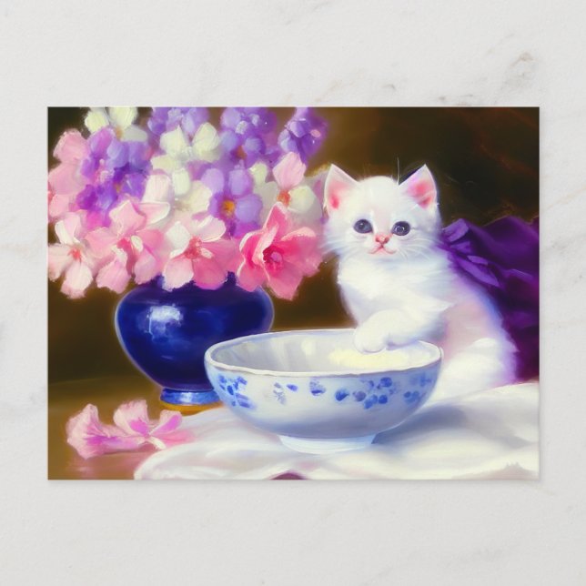Vintage White Kitten mit Lila Band Postkarte (Vorderseite)