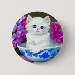 Vintage White Kitten mit rosa Blume Button
