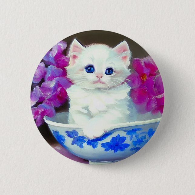 Vintage White Kitten mit rosa Blume Button (Vorderseite)