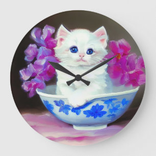 Vintage White Kitten mit rosa Blume Große Wanduhr
