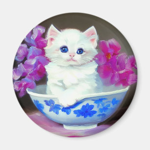 Vintage White Kitten mit rosa Blume Magnet