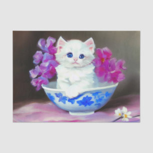 Vintage White Kitten mit rosa Blume Seidenpapier