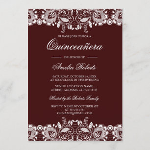 Vintage White Lace Burgundy Quinceanera Einladung