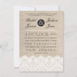 Vintage White Lace & Burlap Wedding Invitation