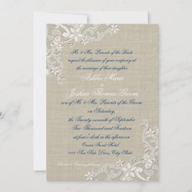 Vintage White Lace Design Wedding Einladung (Vorderseite)
