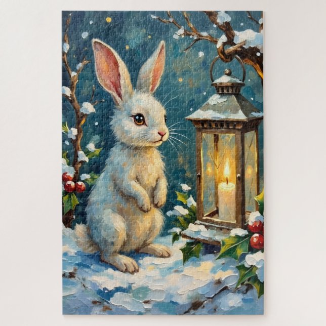 Vintage White Rabbit with Christmas Lantern (Vertikal)