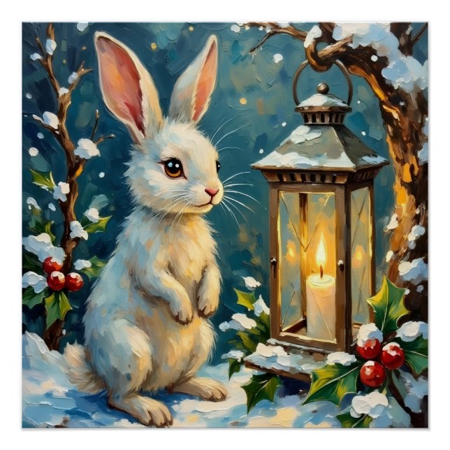 Vintage White Rabbit with Christmas Lantern Poster (Vorderseite)