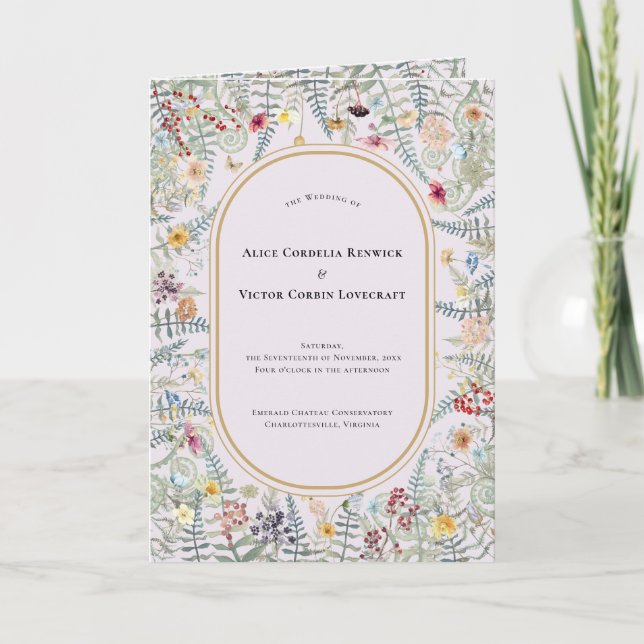 Vintage Wildblume Fern Lavendel Hochzeit geklappt Programm (Vorderseite)